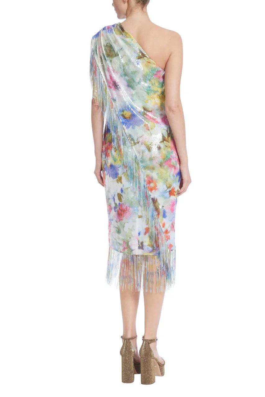 Asymmetric One Shoulder Floral Fringe Gown