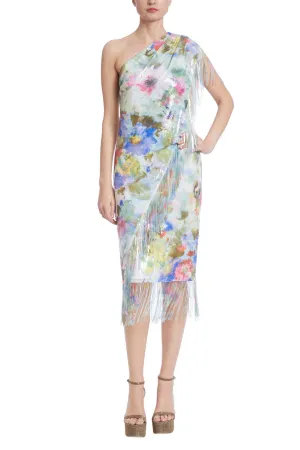 Asymmetric One Shoulder Floral Fringe Gown