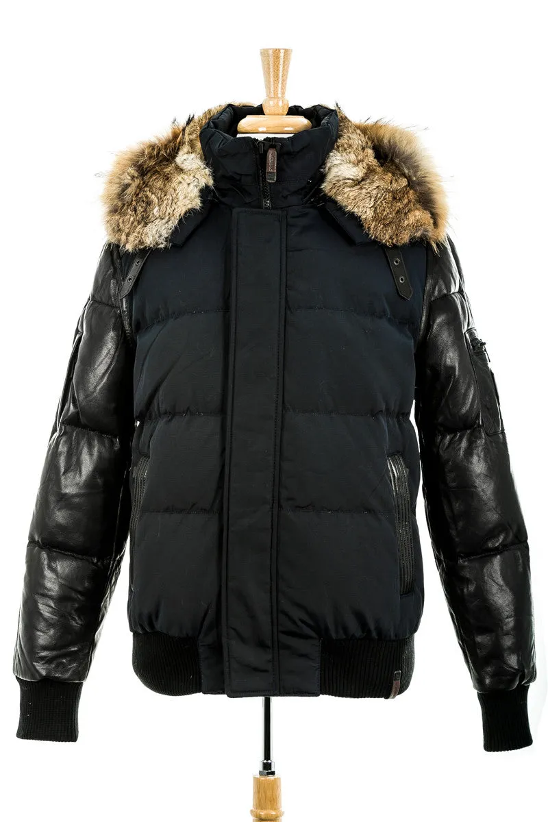 Bale Leather Sleeved Bomber Jacket With Fur Hood