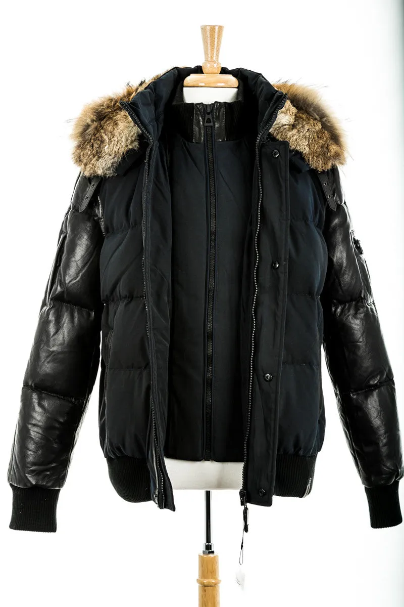 Bale Leather Sleeved Bomber Jacket With Fur Hood