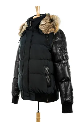 Bale Leather Sleeved Bomber Jacket With Fur Hood