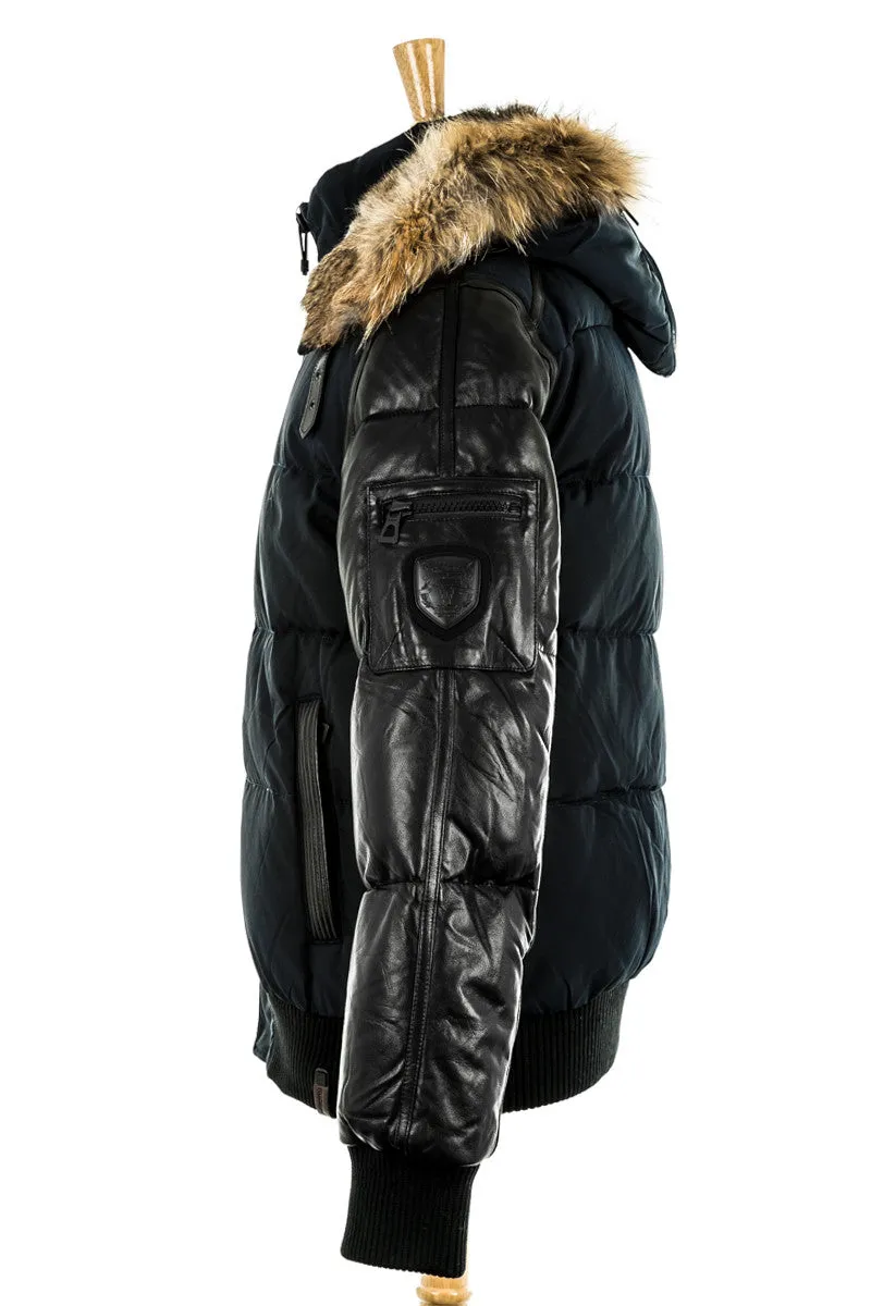 Bale Leather Sleeved Bomber Jacket With Fur Hood