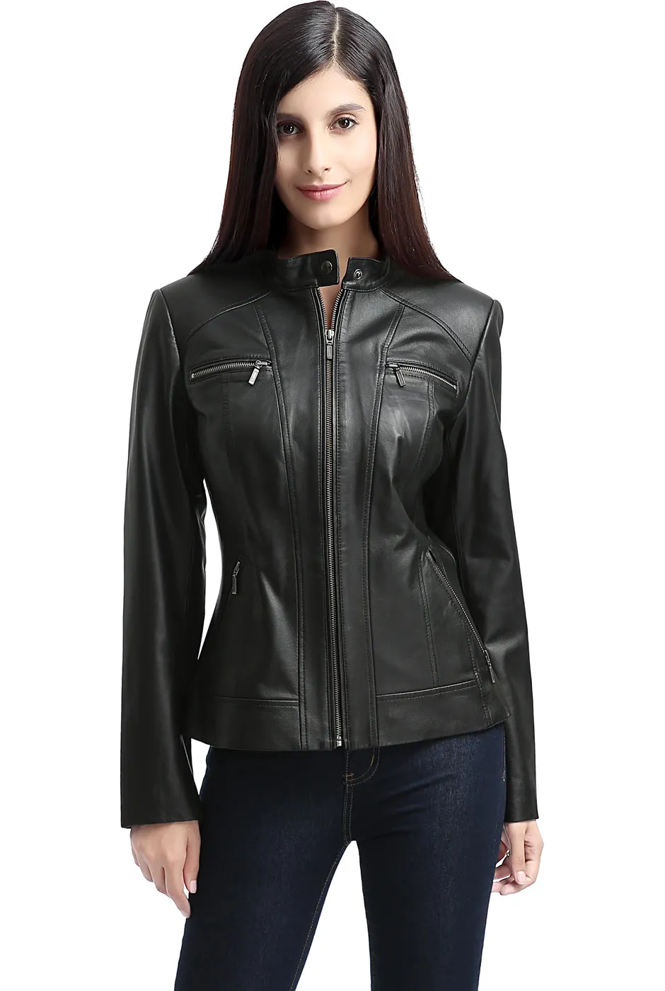 BGSD Women Mila Zip Front Lambskin Leather Jacket