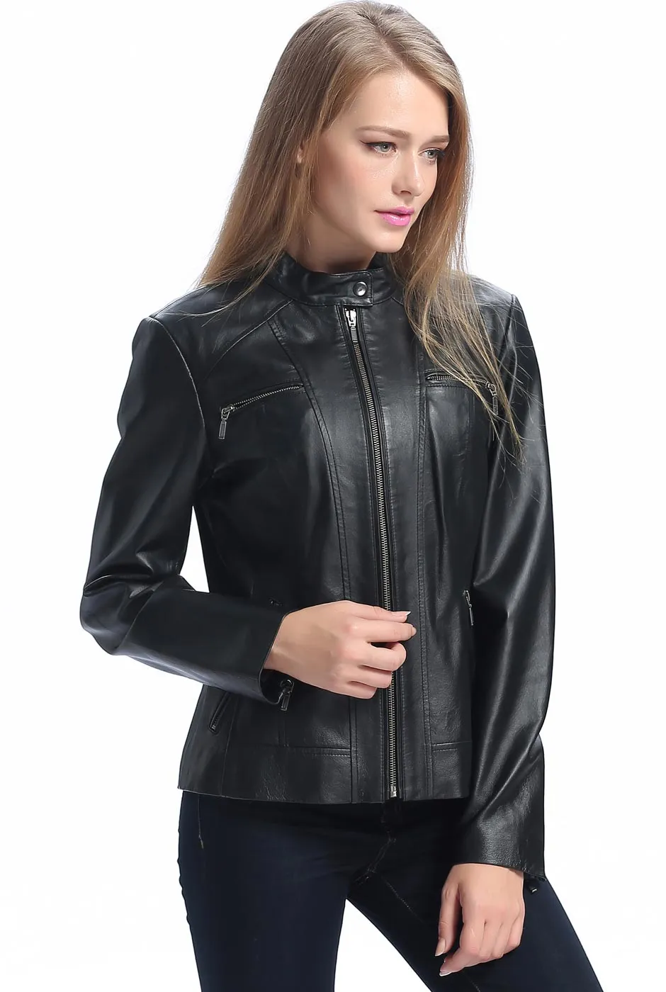 BGSD Women Mila Zip Front Lambskin Leather Jacket