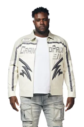 Big And Tall Vegan Leather Racing Jacket - Light Grey