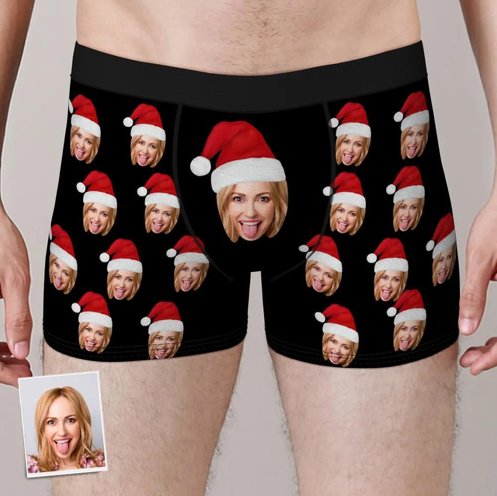 Custom Face Boxers Shorts with Christmas Hat Personalised Photo Underwear Christmas Gift for Men