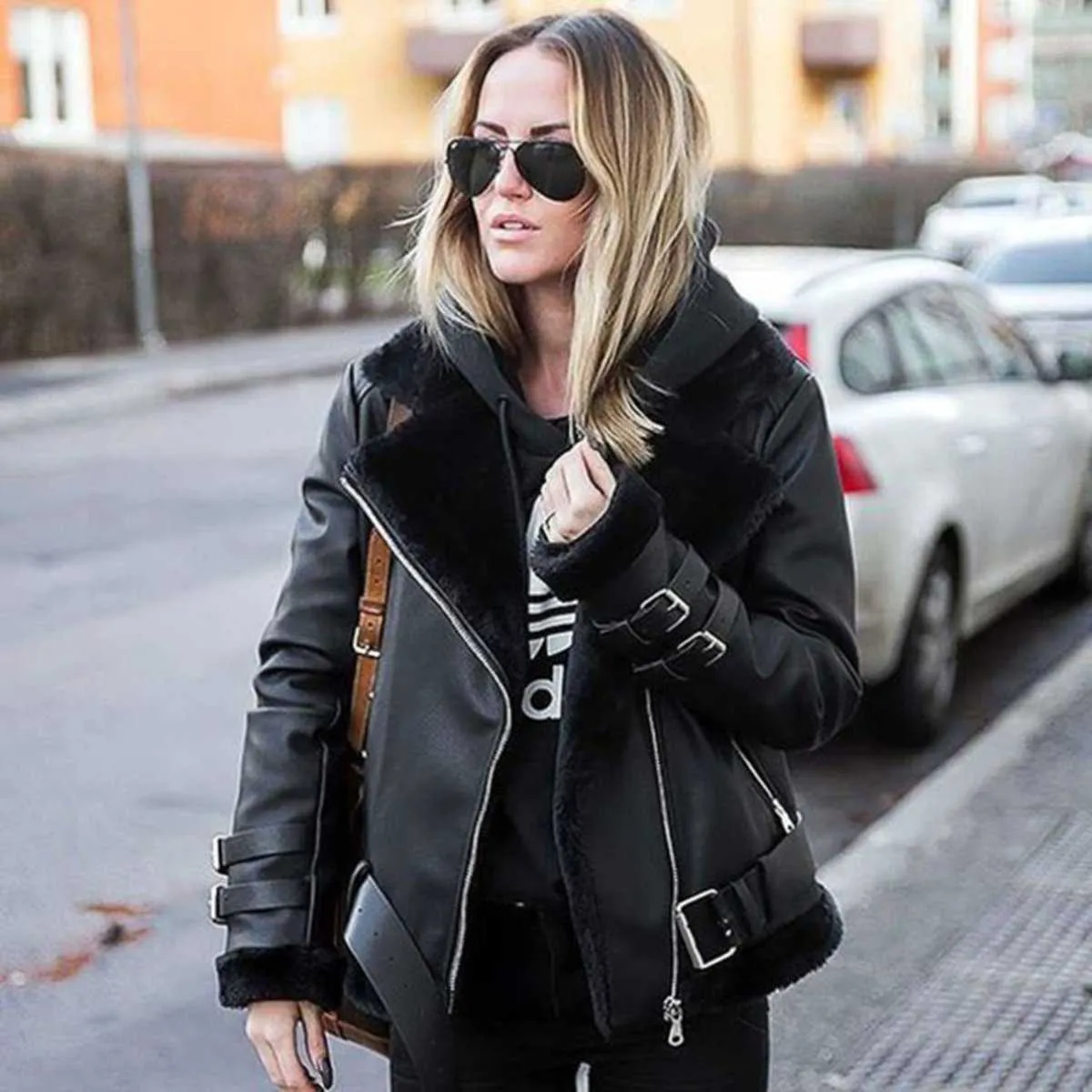 Faux Fur Lined Leather Shearling Moto Jacket