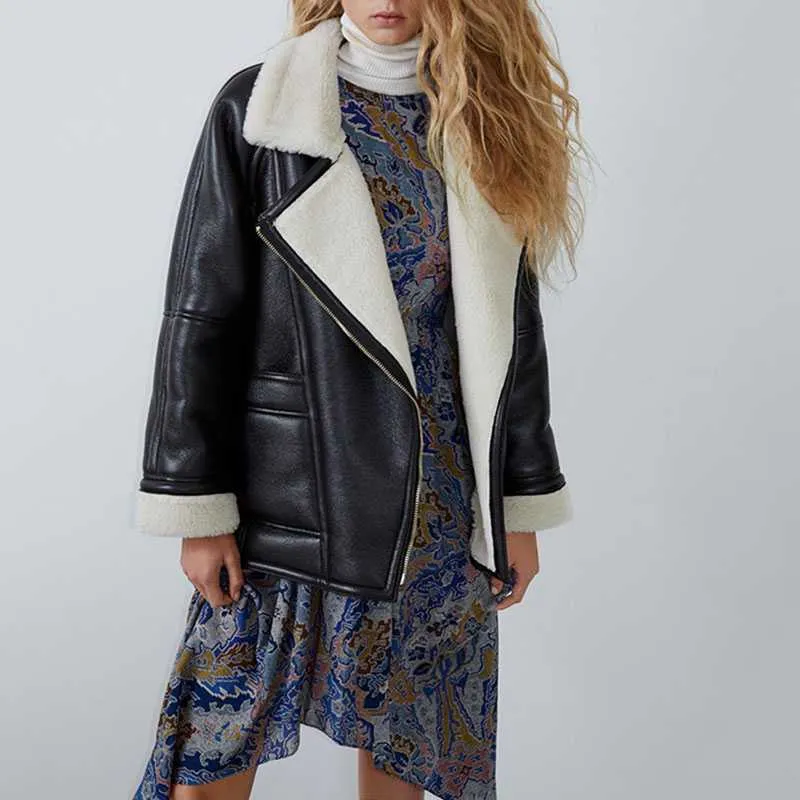 Faux Fur Lined Leather Shearling Moto Jacket