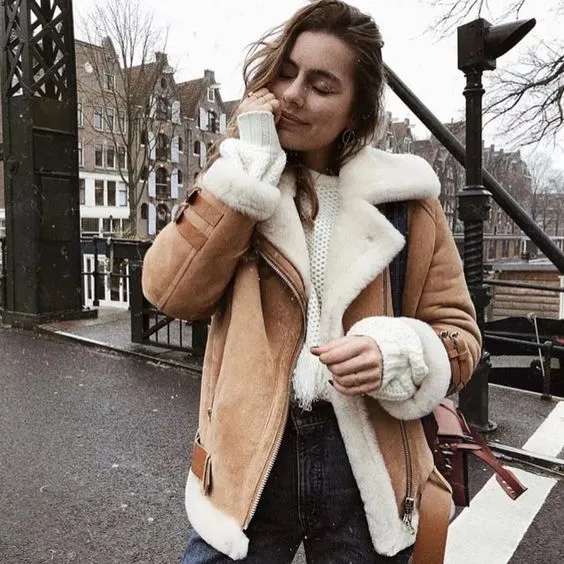 Faux Fur Lined Leather Shearling Moto Jacket