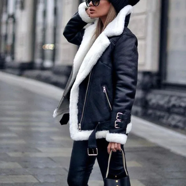 Faux Fur Lined Leather Shearling Moto Jacket