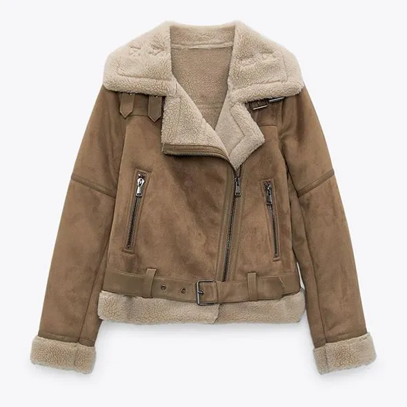 Faux Fur Lined Leather Shearling Moto Jacket