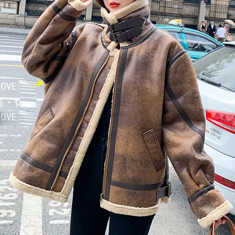 Faux Fur Lined Leather Shearling Moto Jacket