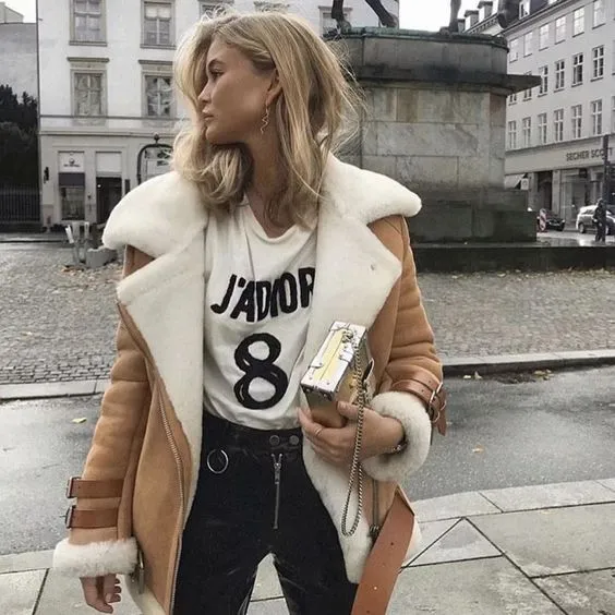 Faux Fur Lined Leather Shearling Moto Jacket