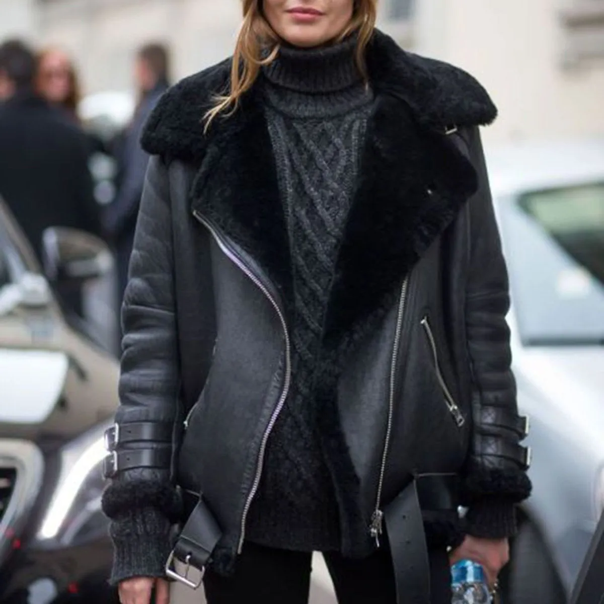 Faux Fur Lined Leather Shearling Moto Jacket