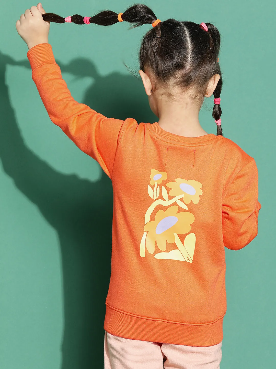 Girls Orange Printed Sweatshirt