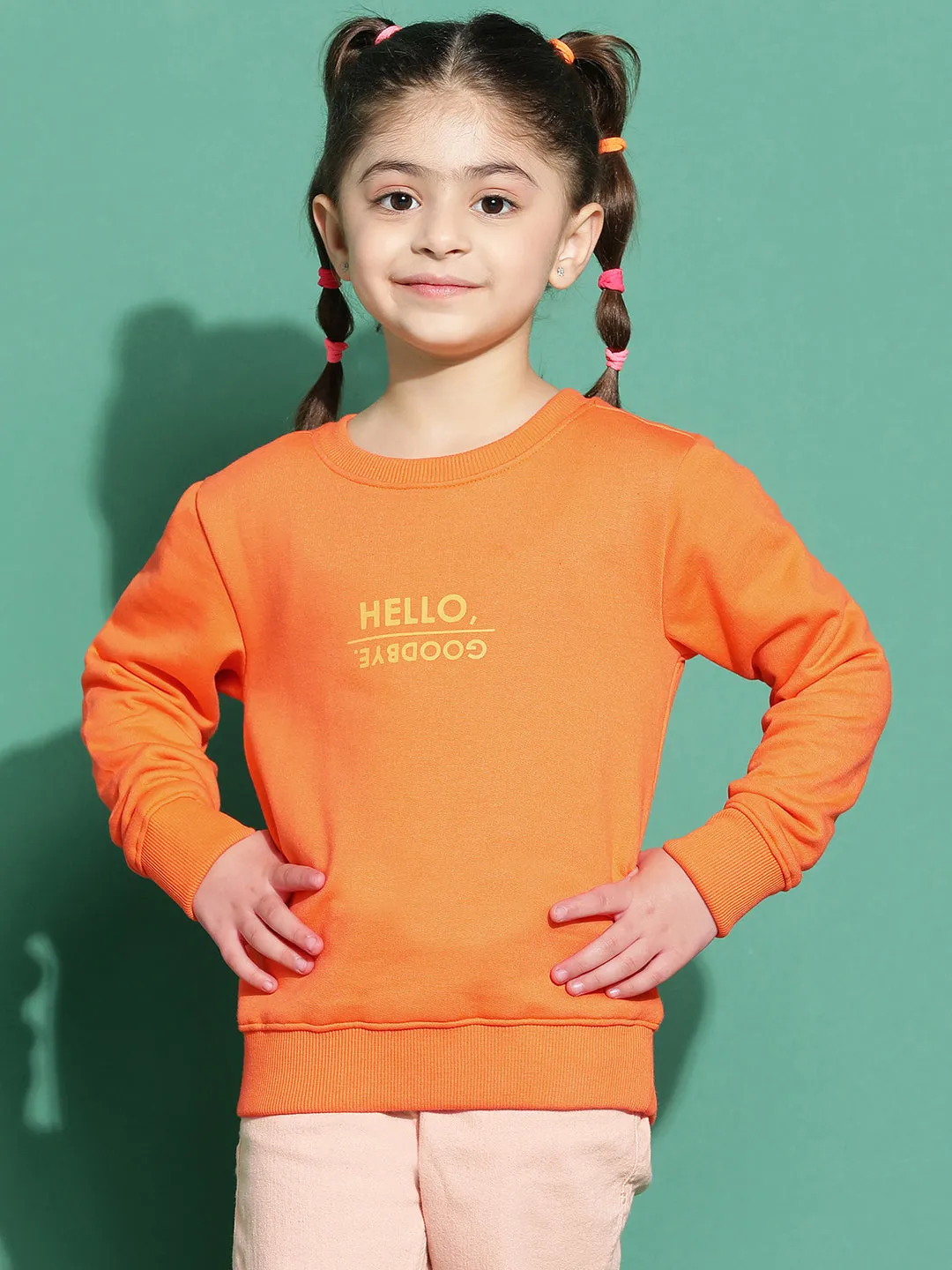 Girls Orange Printed Sweatshirt