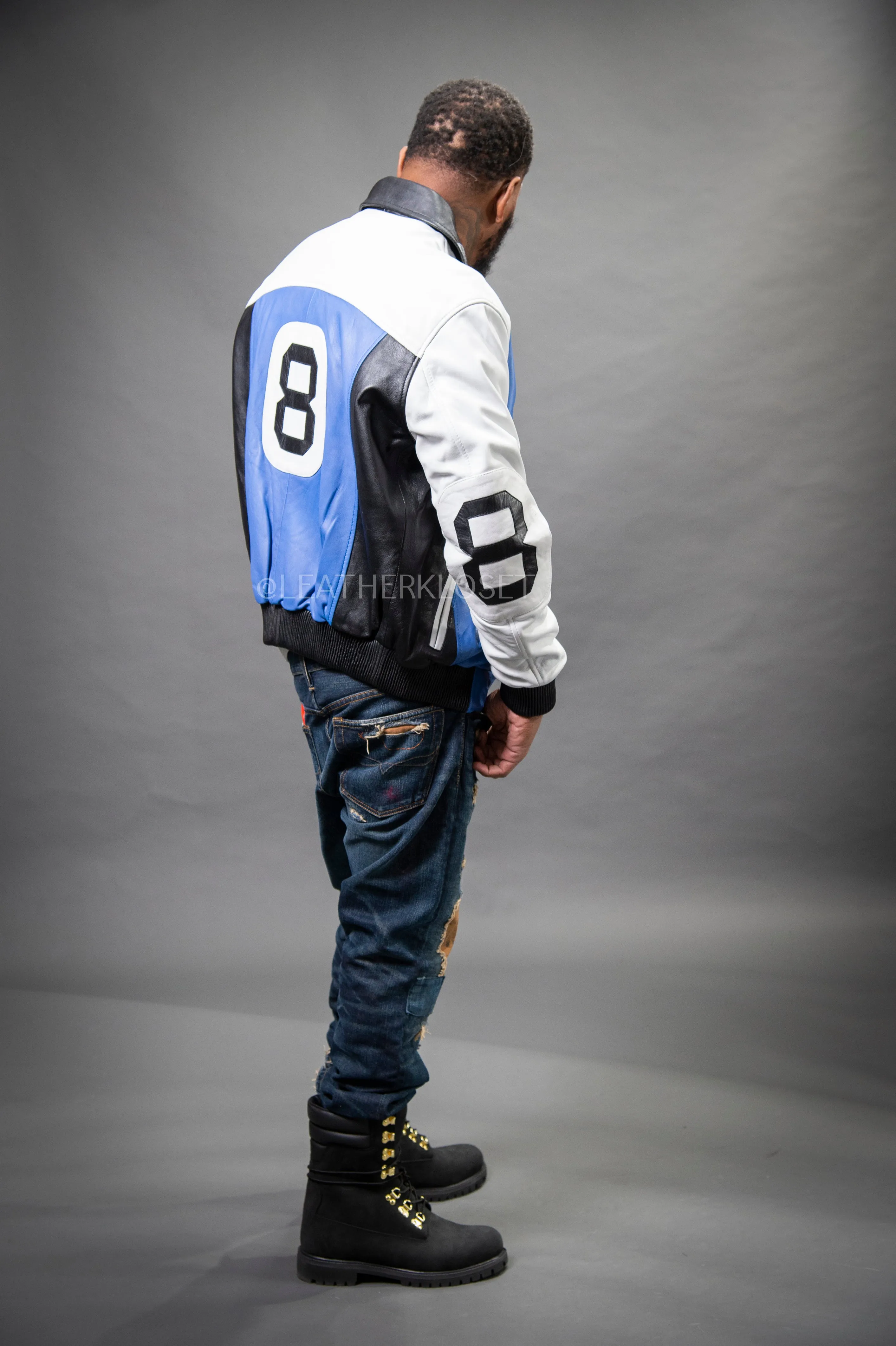 Men's 8 Ball Leather Jacket [White/Royal Blue/White]