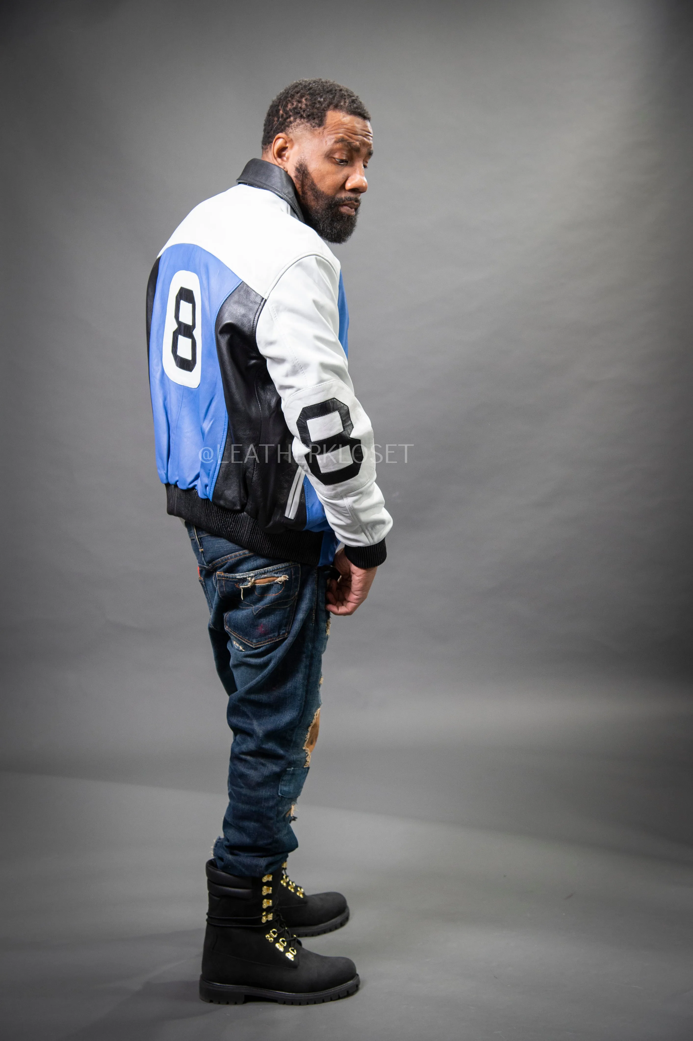 Men's 8 Ball Leather Jacket [White/Royal Blue/White]