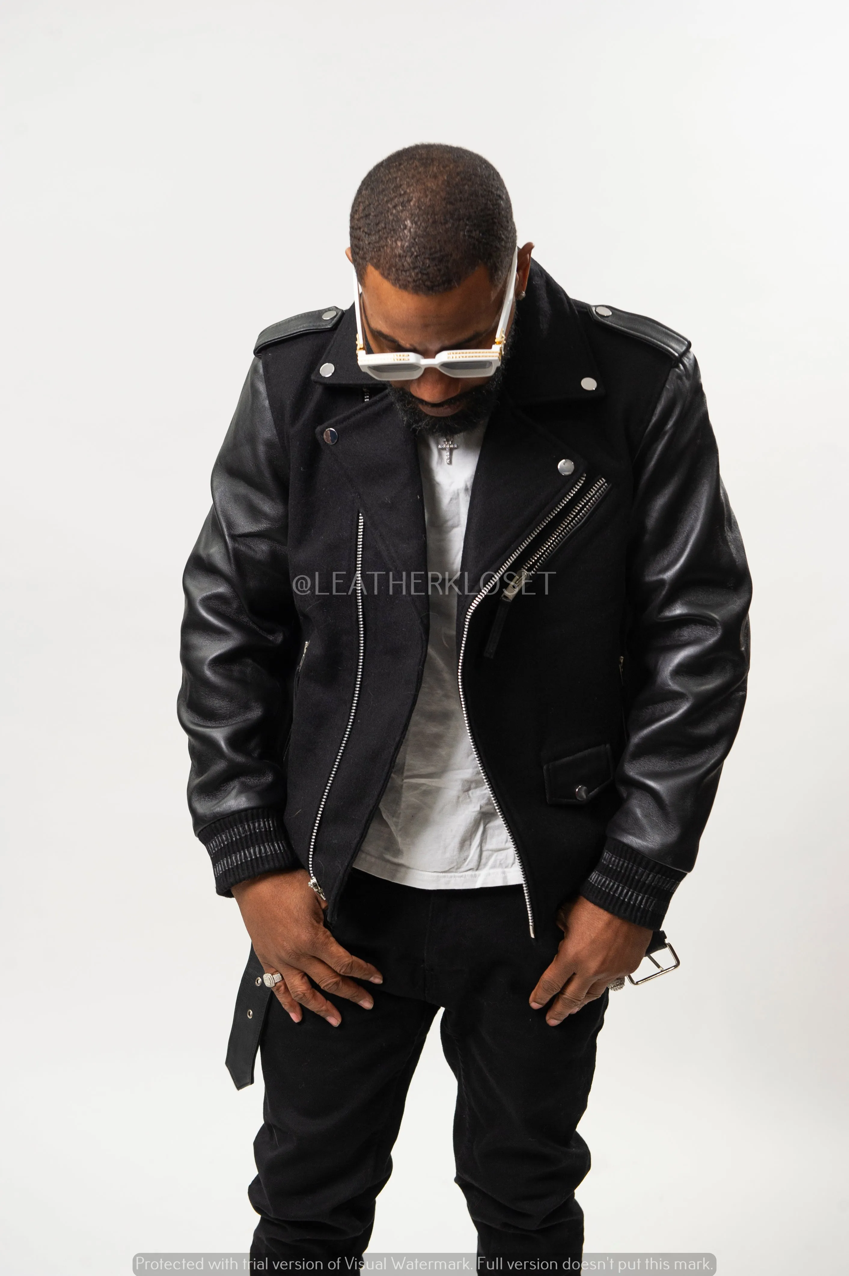 Men's Classic Wool And Leather Biker Jacket [Black]