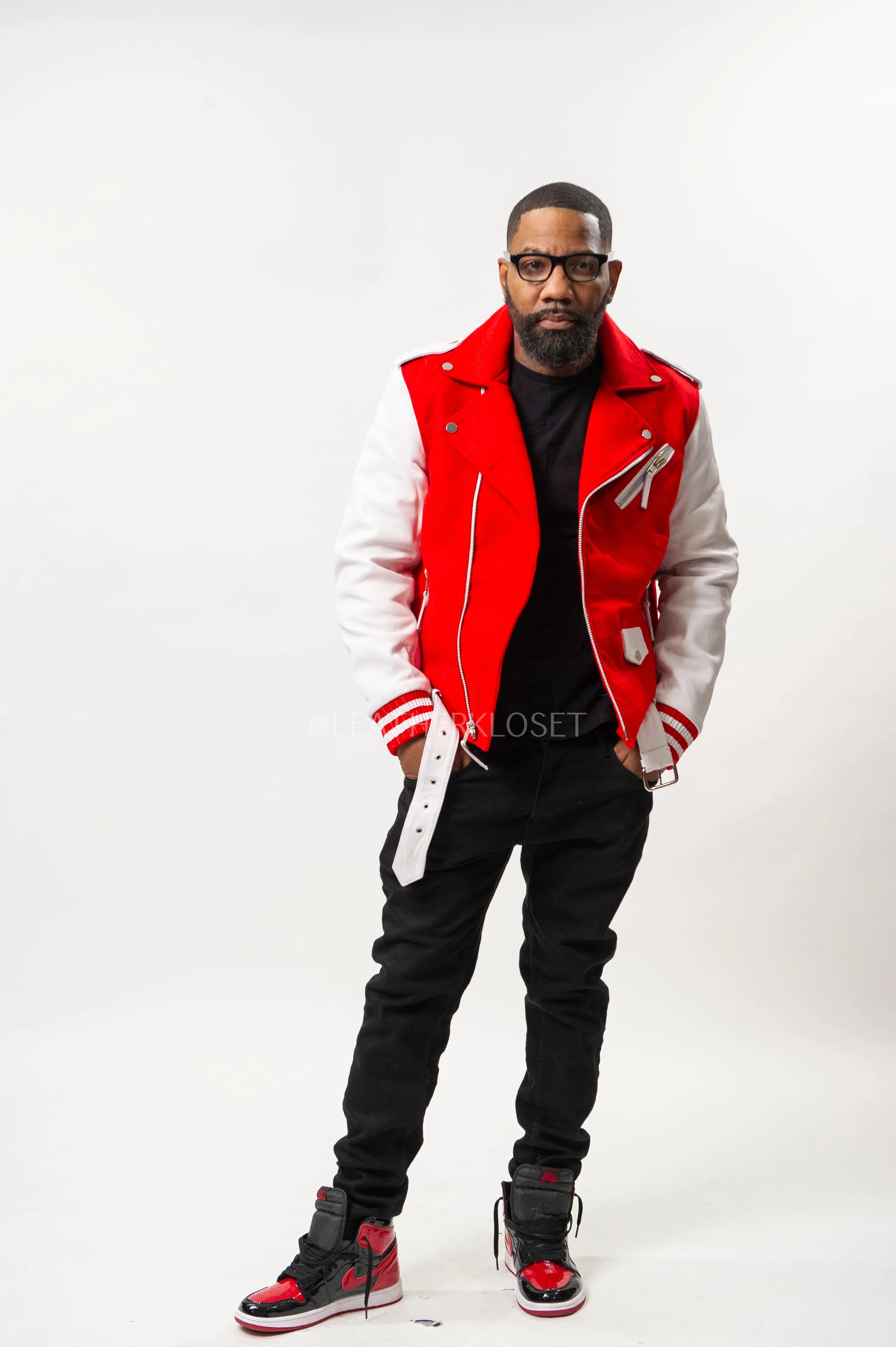 Men's Classic Wool And Leather Biker Jacket [Red/White]