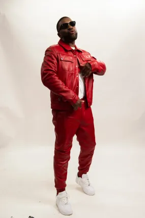 Men's Jax Leather Jean Jacket & Track Pants [Red]