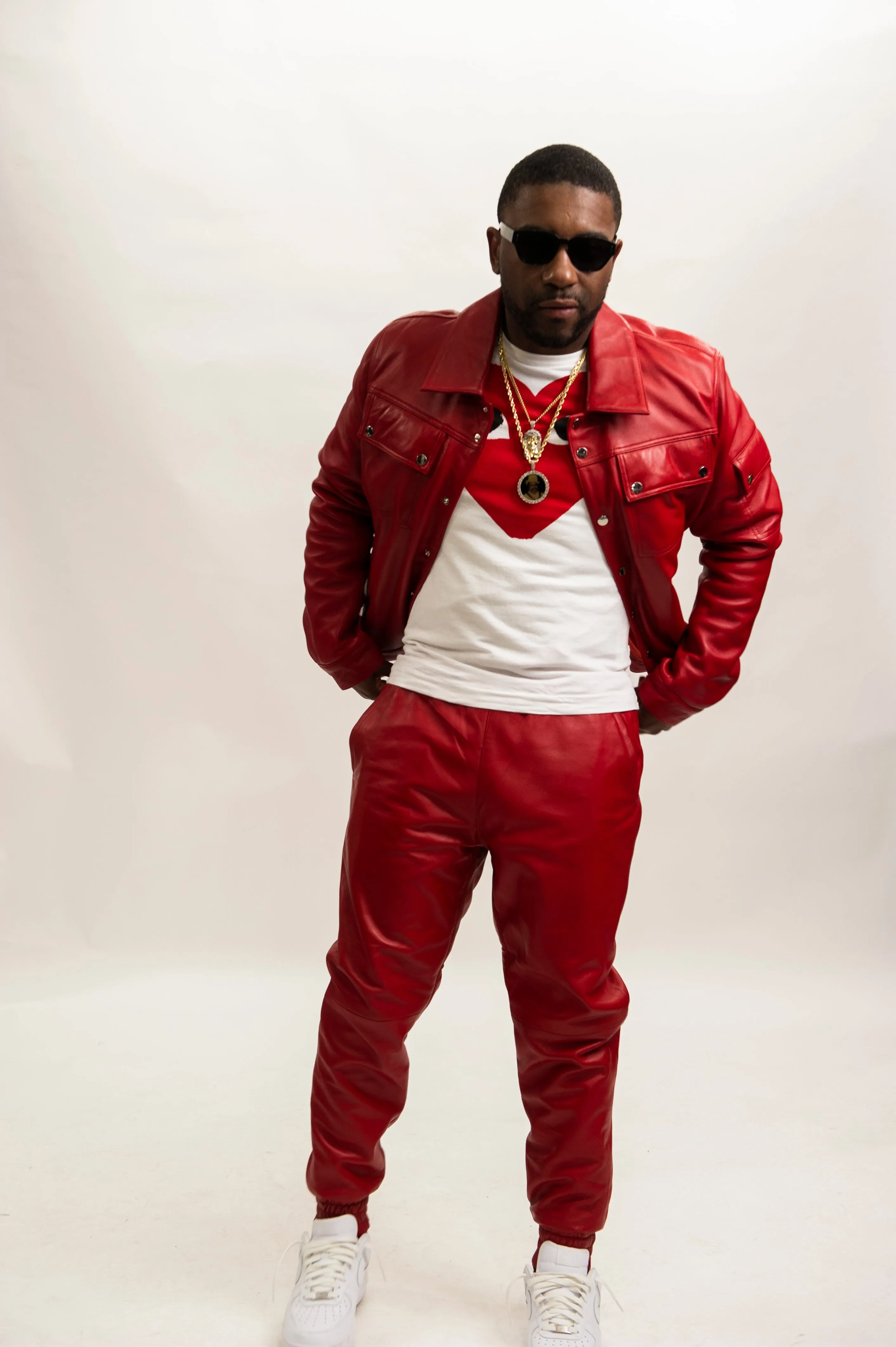 Men's Jax Leather Jean Jacket & Track Pants [Red]