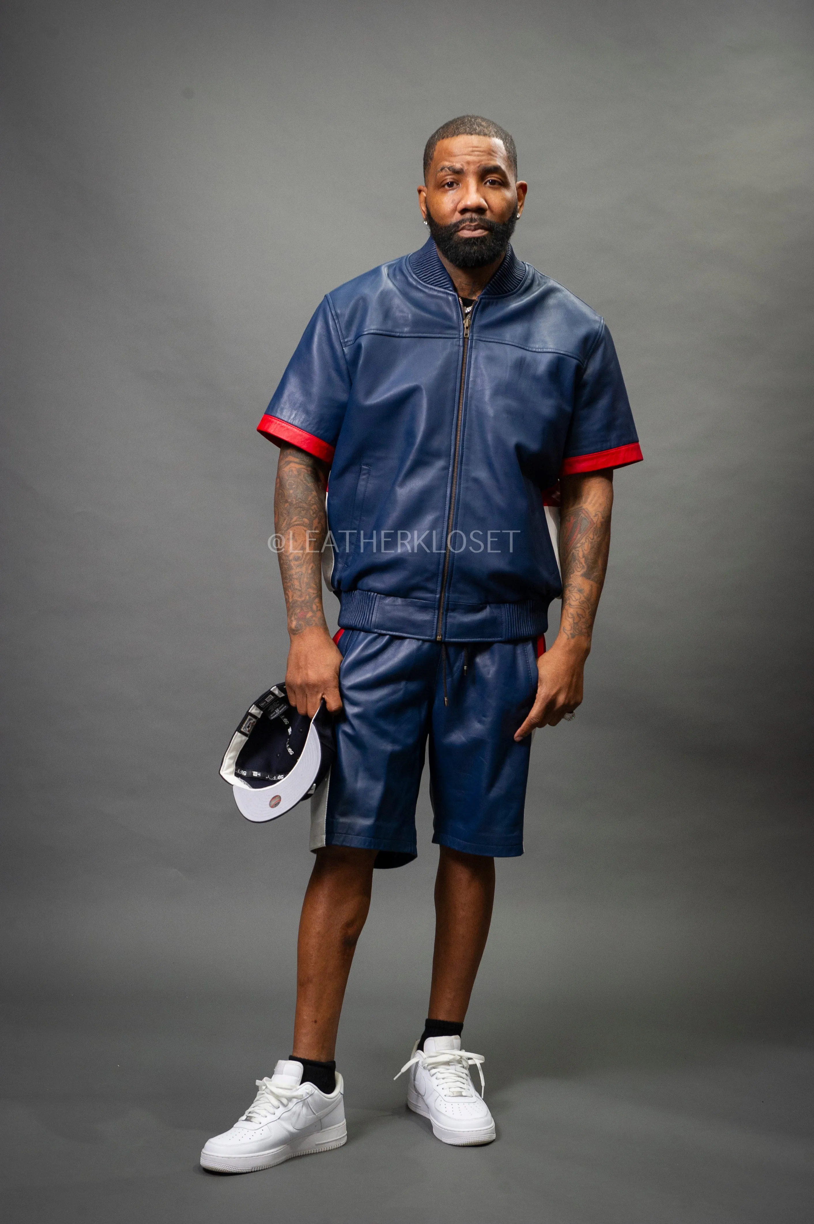 Men's Leo Leather Shorts and Jacket Set [Navy/Red/White]