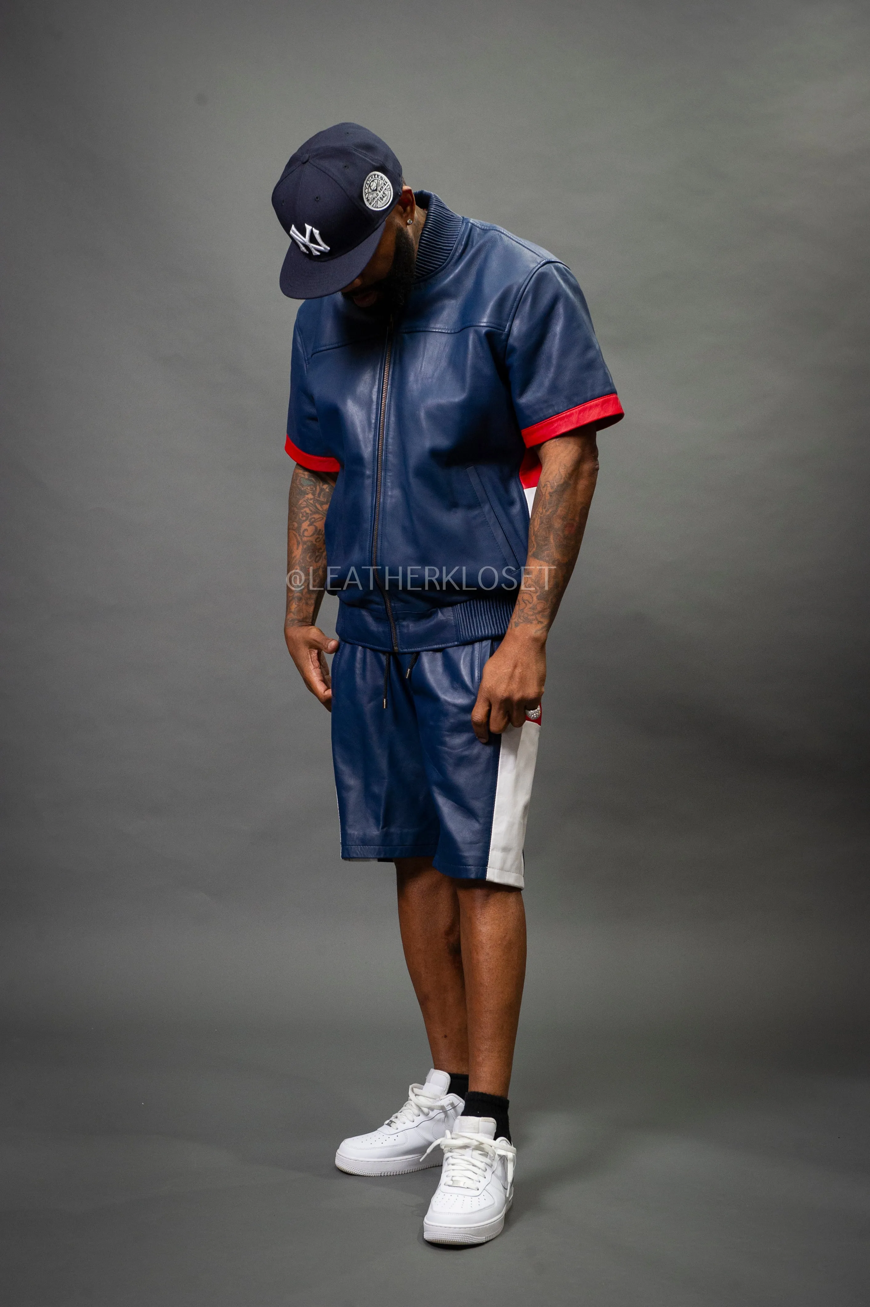 Men's Leo Leather Shorts and Jacket Set [Navy/Red/White]