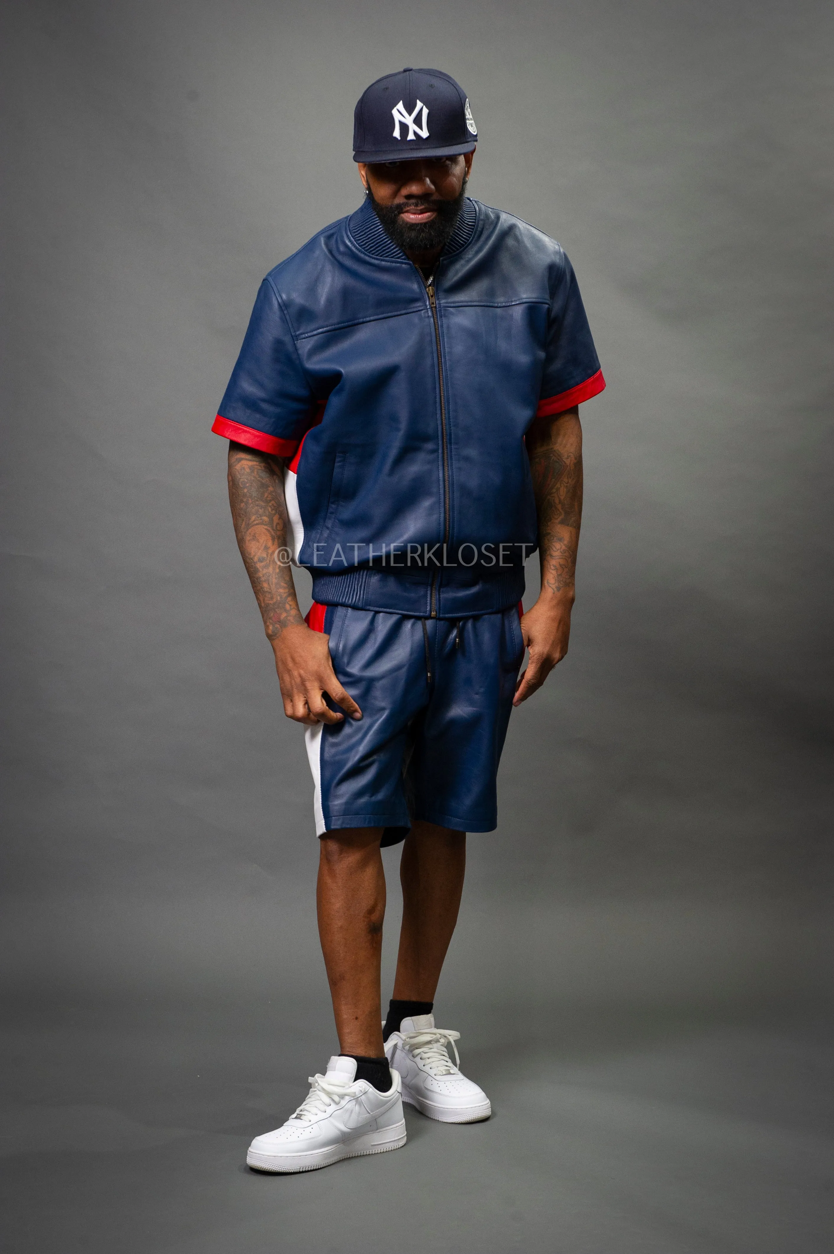 Men's Leo Leather Shorts and Jacket Set [Navy/Red/White]