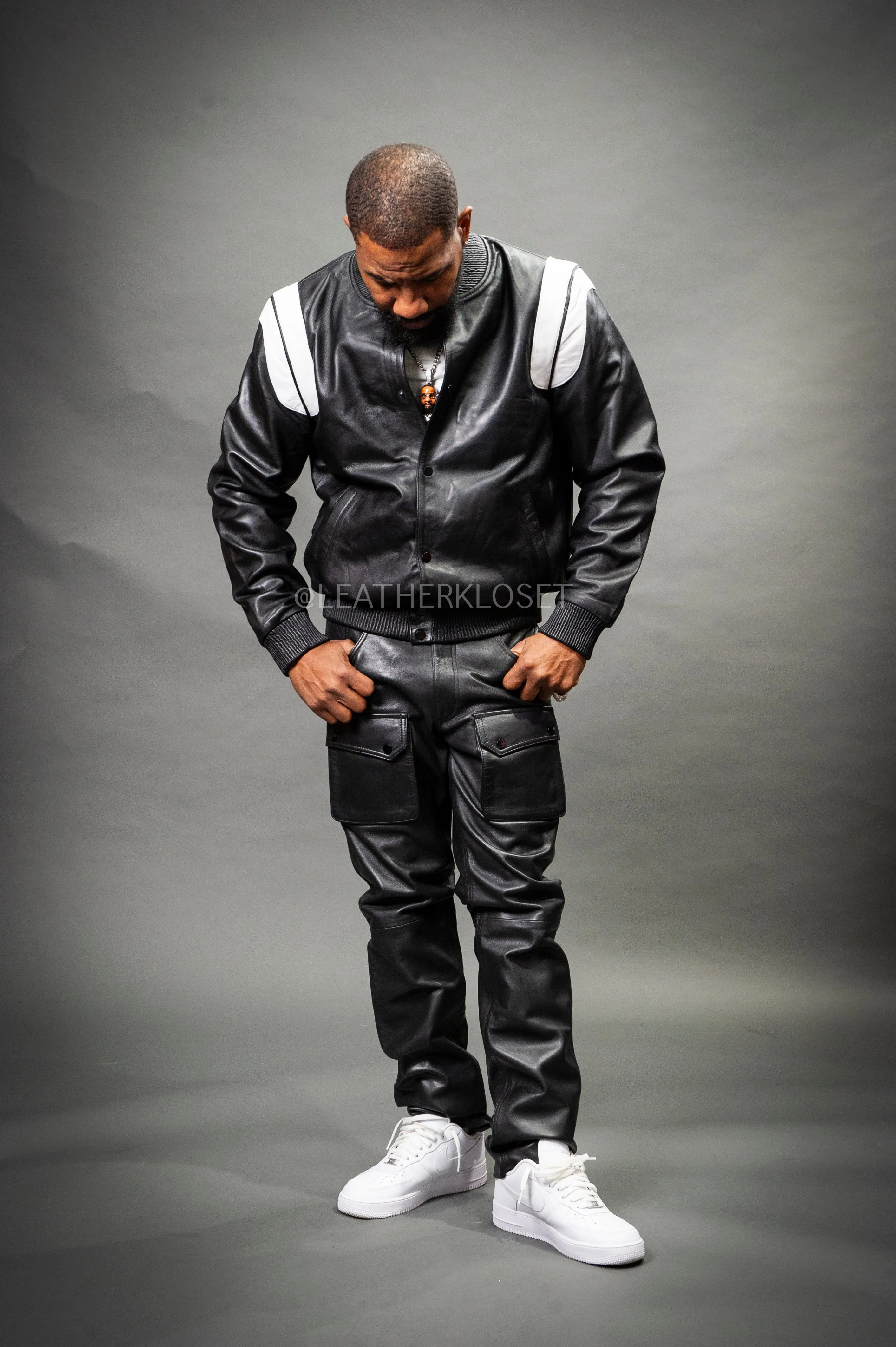 Men's Liam Leather Jacket And Cargo Pants Set [Black/White]