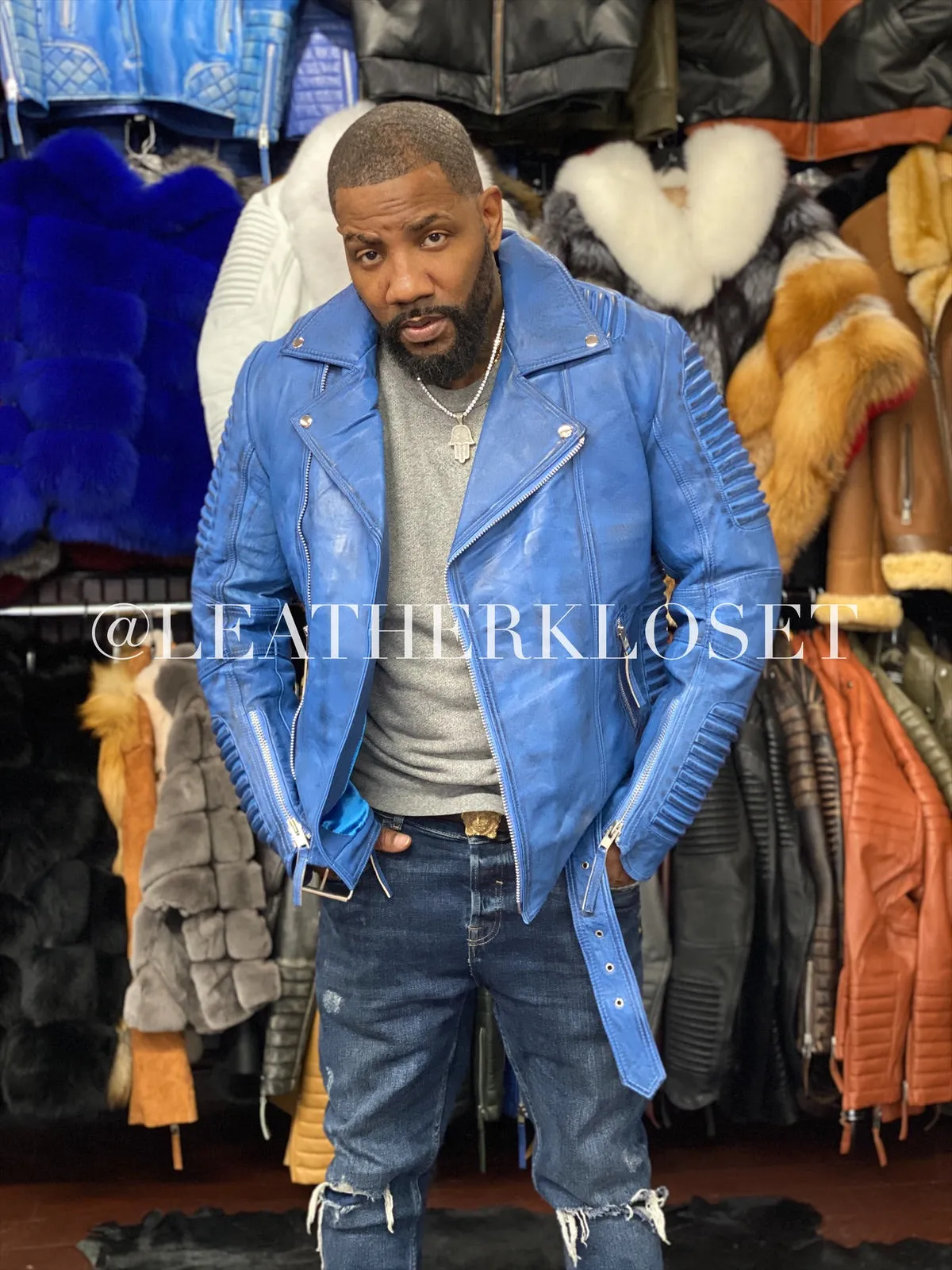 Men's Trey Biker Jacket Denim Leather