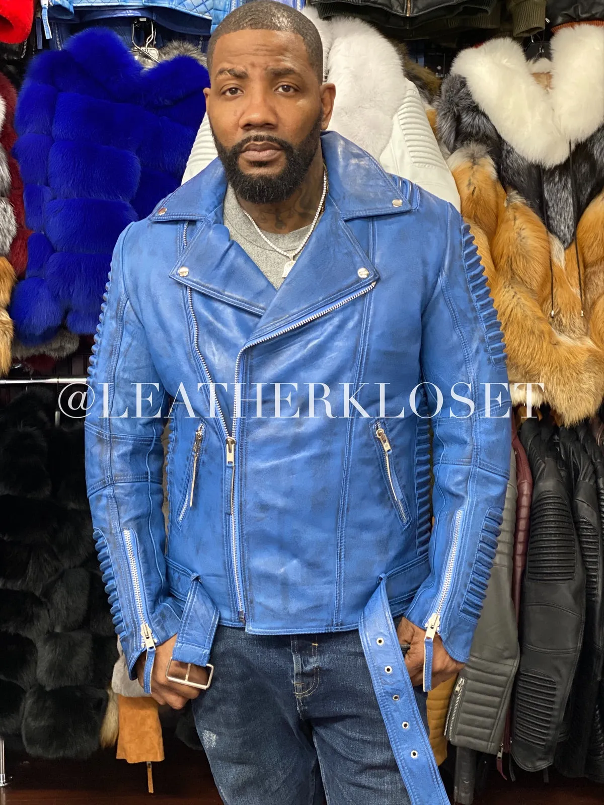 Men's Trey Biker Jacket Denim Leather