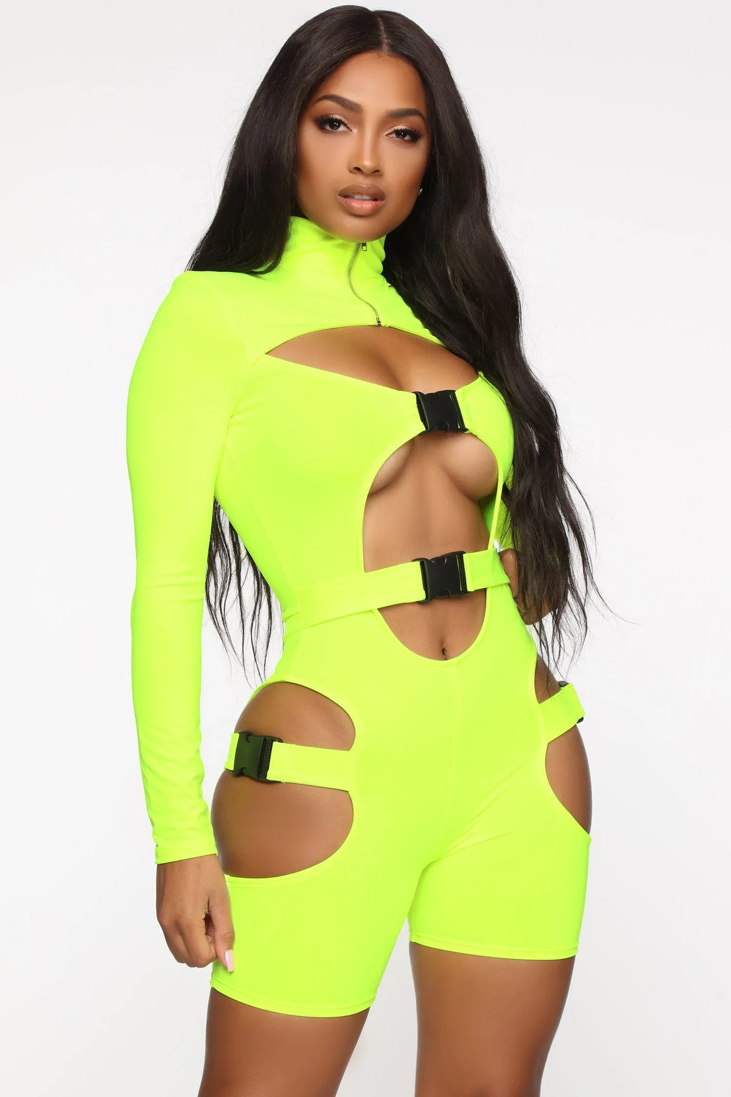 Neon Green Long Sleeve Cutout Turtleneck Buckle Romper