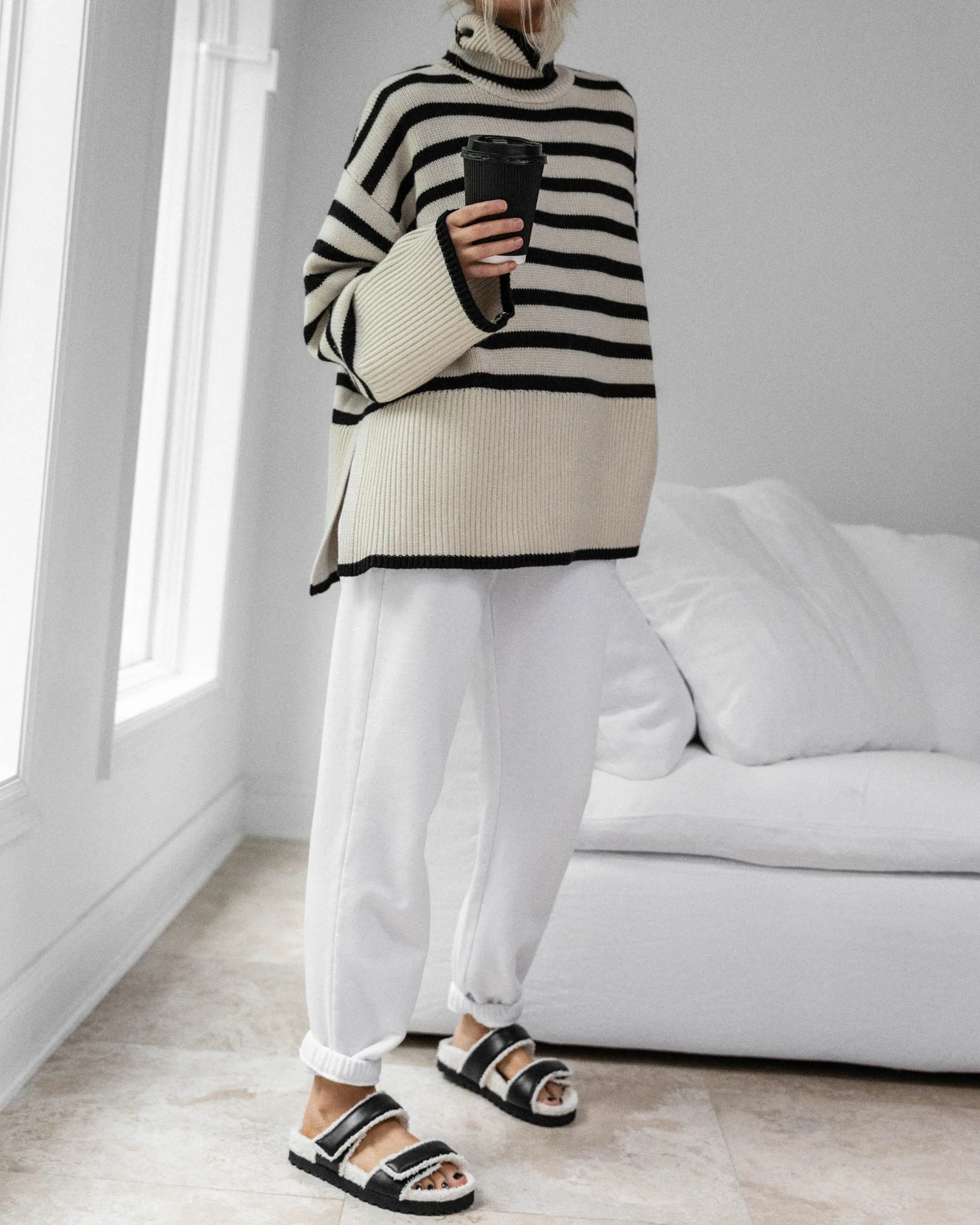 Oversized Baggy Block Striped Wool Cotton Blend Turtleneck Sweater With Slit