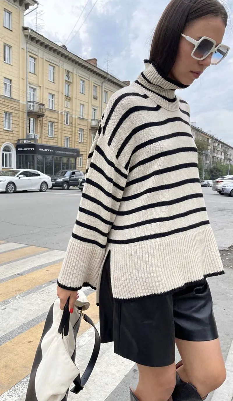 Oversized Baggy Block Striped Wool Cotton Blend Turtleneck Sweater With Slit