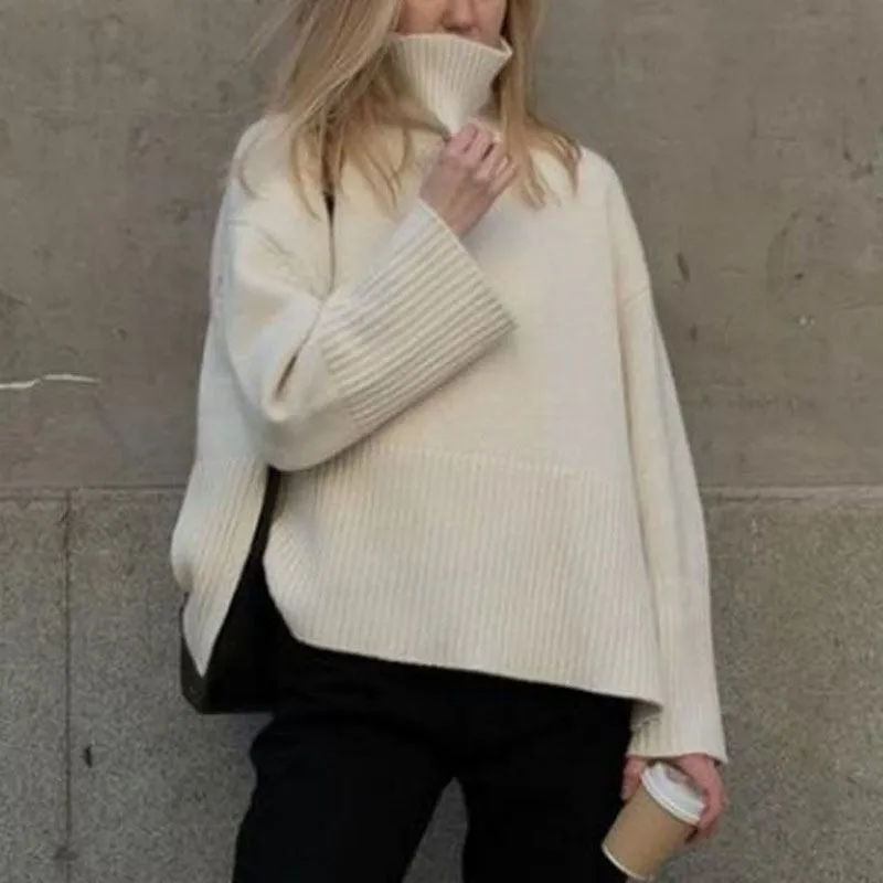 Oversized Baggy Block Striped Wool Cotton Blend Turtleneck Sweater With Slit