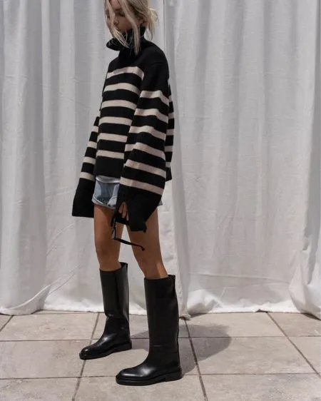 Oversized Baggy Block Striped Wool Cotton Blend Turtleneck Sweater With Slit