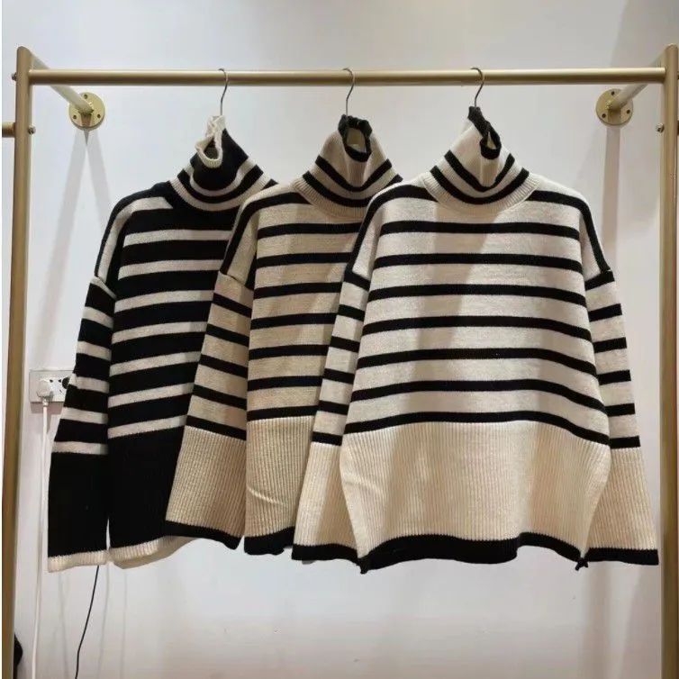 Oversized Baggy Block Striped Wool Cotton Blend Turtleneck Sweater With Slit