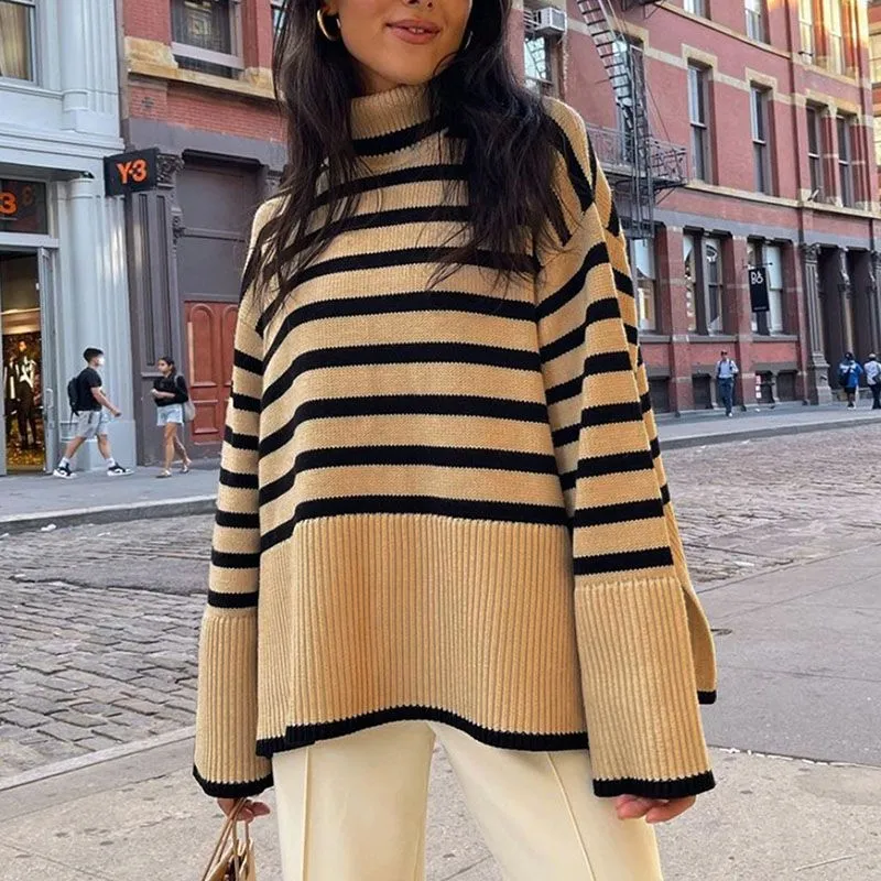 Oversized Baggy Block Striped Wool Cotton Blend Turtleneck Sweater With Slit