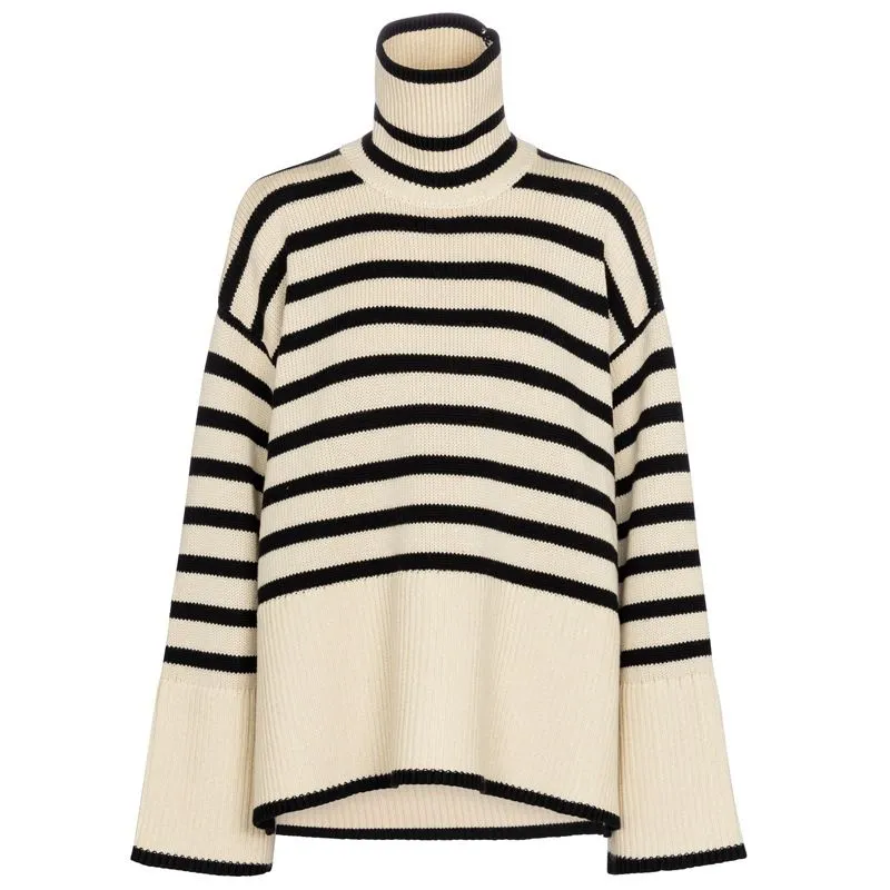 Oversized Baggy Block Striped Wool Cotton Blend Turtleneck Sweater With Slit