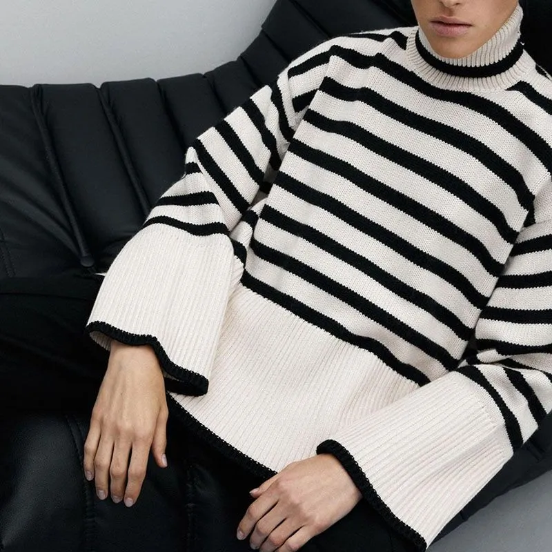 Oversized Baggy Block Striped Wool Cotton Blend Turtleneck Sweater With Slit