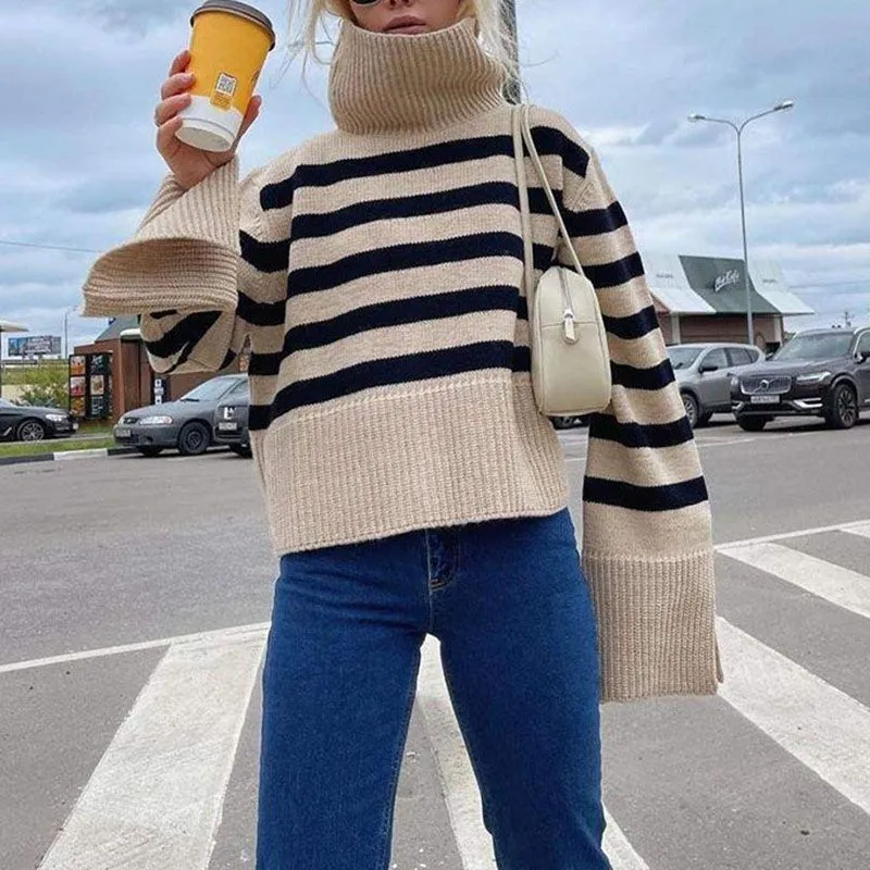 Oversized Baggy Block Striped Wool Cotton Blend Turtleneck Sweater With Slit