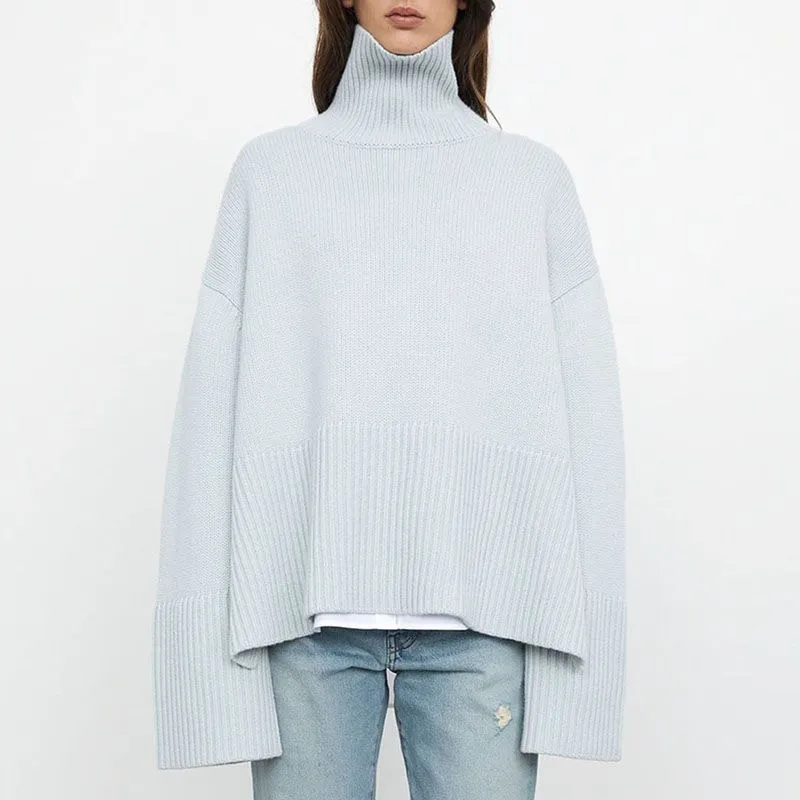 Oversized Baggy Block Striped Wool Cotton Blend Turtleneck Sweater With Slit