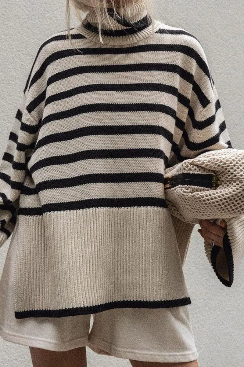 Oversized Baggy Block Striped Wool Cotton Blend Turtleneck Sweater With Slit