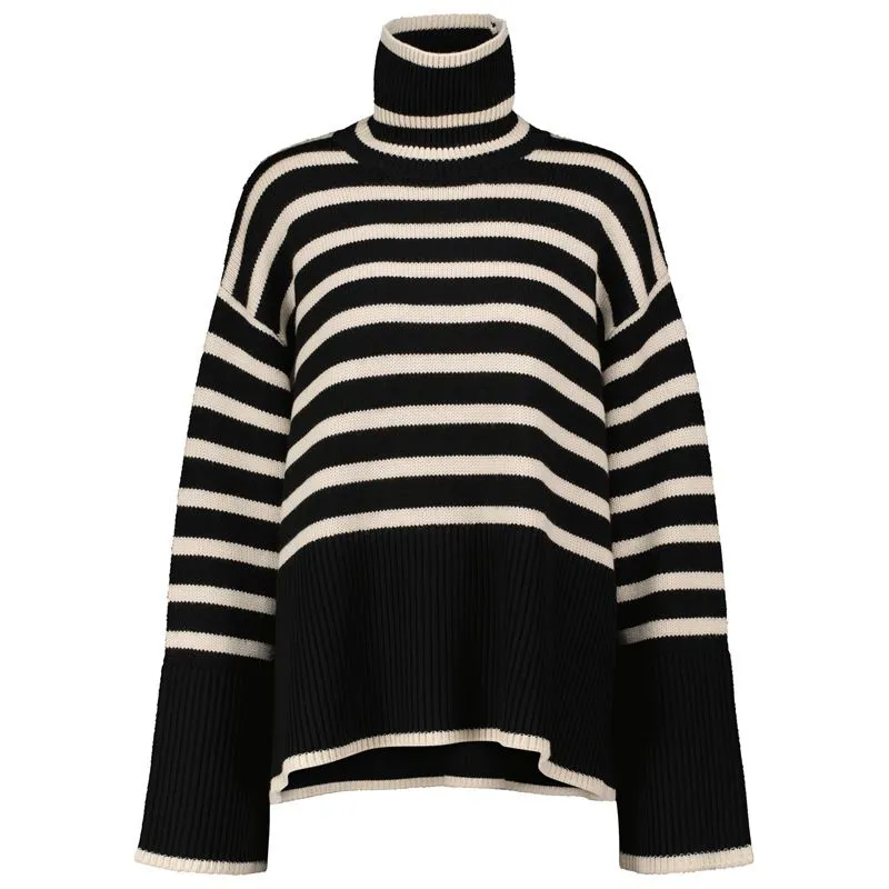 Oversized Baggy Block Striped Wool Cotton Blend Turtleneck Sweater With Slit