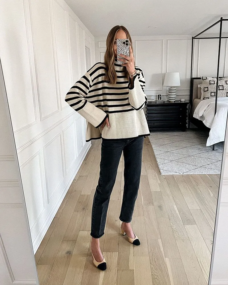 Oversized Baggy Block Striped Wool Cotton Blend Turtleneck Sweater With Slit