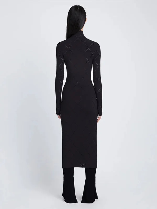 Pointelle Diamonds Turtleneck Dress in Black