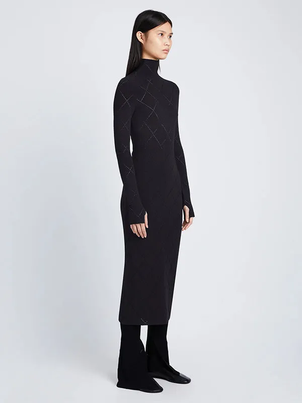 Pointelle Diamonds Turtleneck Dress in Black