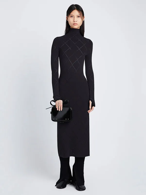 Pointelle Diamonds Turtleneck Dress in Black