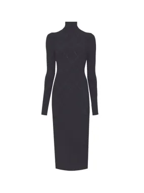 Pointelle Diamonds Turtleneck Dress in Black